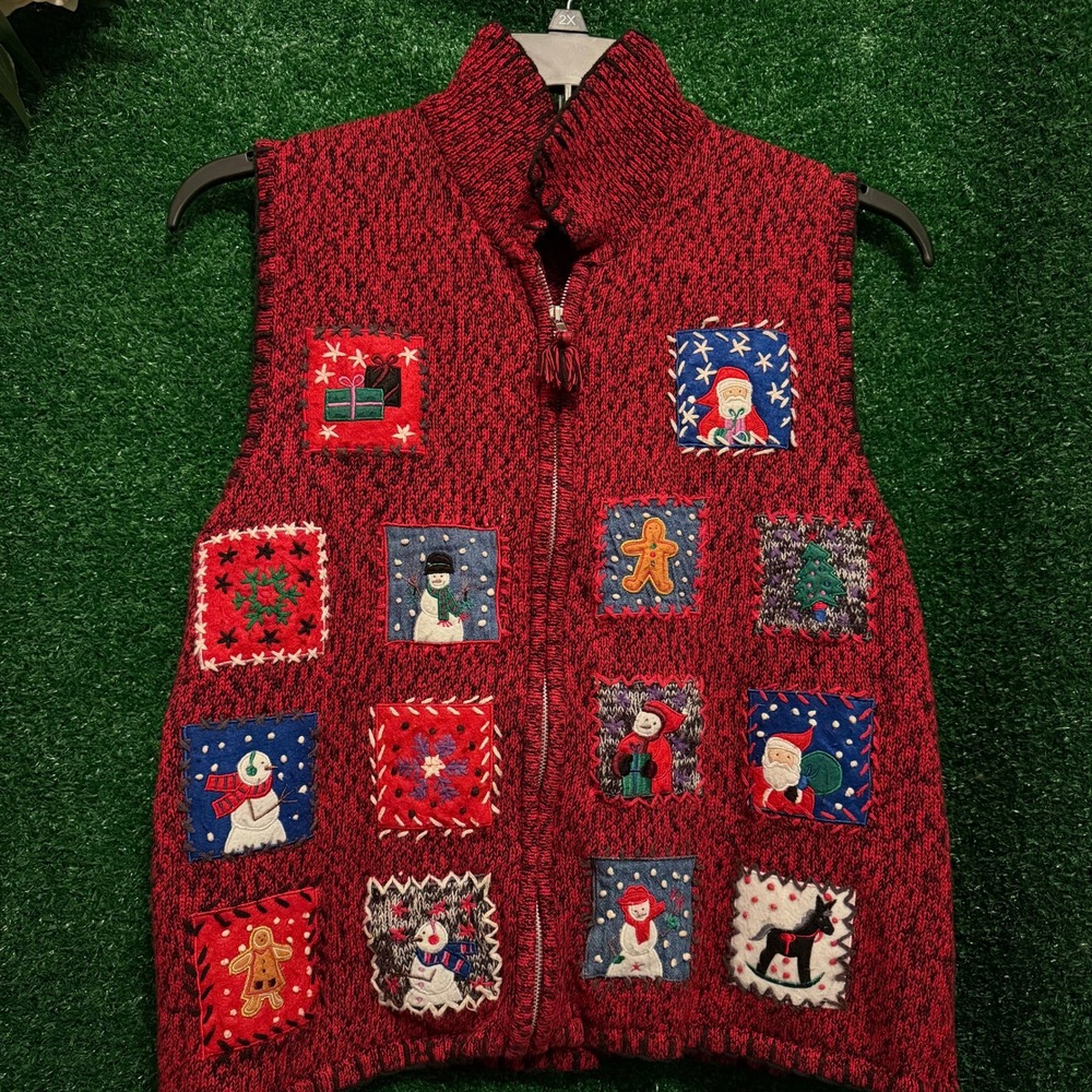 Vintage Erika Christmas Patchwork Sweater Vest Red Santa Snowman Women's L